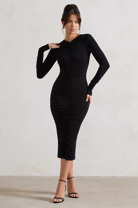 Women's Collarless DressesMonique | Black Ruched Bodycon Midi Dress