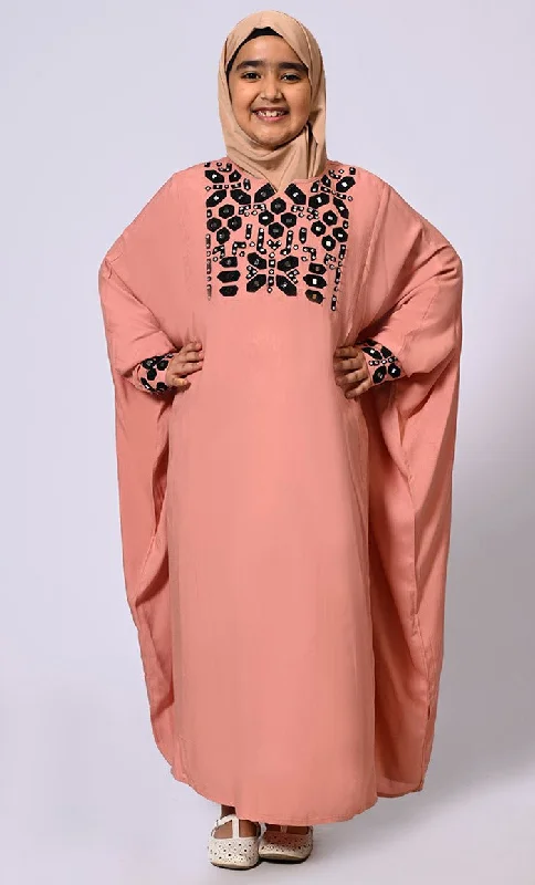 Women's Hooded Sweatshirts with Spandex LiningGirls Burlwood Kaftan Abaya with Mirror Work Embroidery and Inside Belt