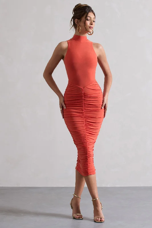 Women's Flared DressesSidnie | Orange Ruched Bodycon High-Neck Midi Dress