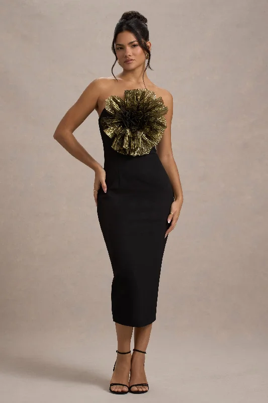 Women's Narrow Collar DressesMoya | Black & Gold Bodycon Midi Dress With Corsage Detail