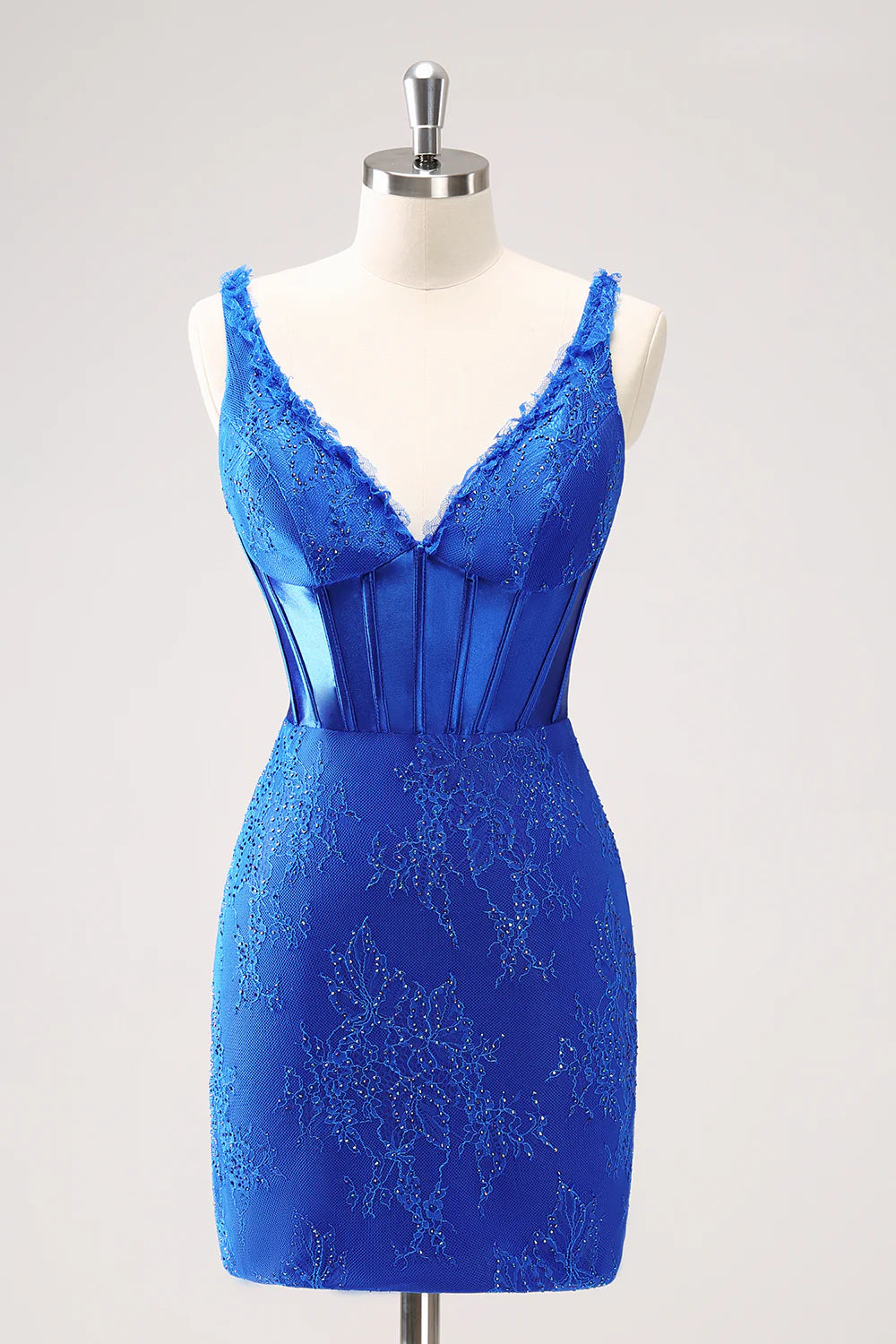 Women's Low-Neck DressesAmzcw Sparkly Royal Blue Bodycon V Neck Beaded Corset Ruched Homecoming Dress with Lace Up Back