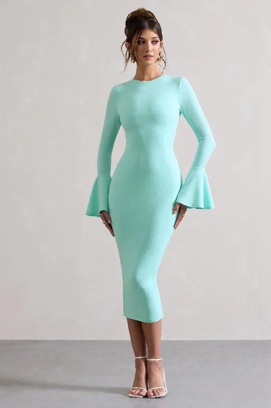 Women's Square-Neck DressesRhyanne | Mint Bodycon Flared-Sleeve Midi Dress