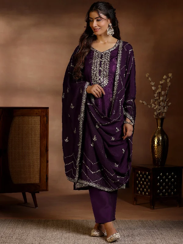 Women's Jumpsuits with Shawl CollarWine Woven Design Silk Blend Straight Suit With Dupatta