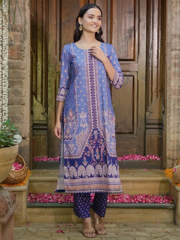 Women's Long-Sleeve JumpsuitsBlue Printed Crepe Straight Kurta Set