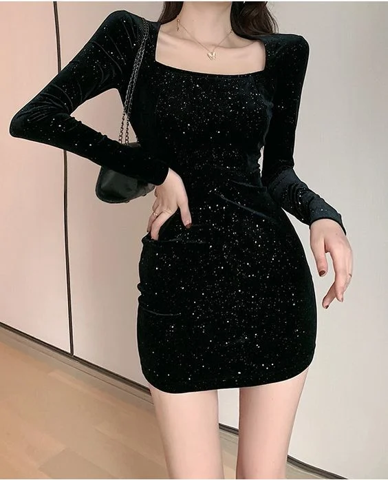 Women's Round-Neck DressesWomen Sexy Glitter Open Back Long Sleeve Bodycon Dress      S2997