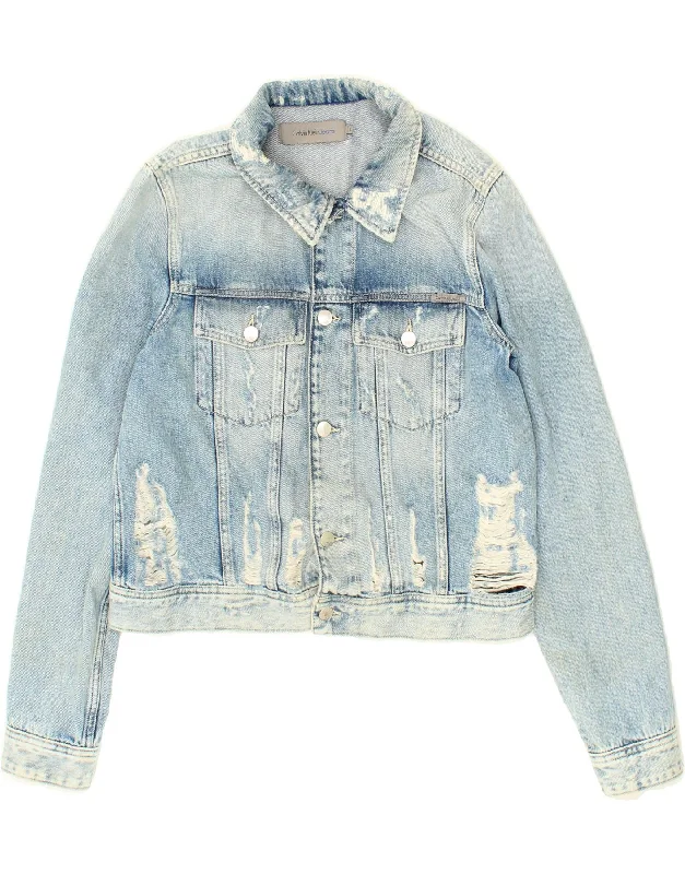 Women's Duffle CoatsCALVIN KLEIN Womens Graphic Distressed Denim Jacket UK 16 Large Blue