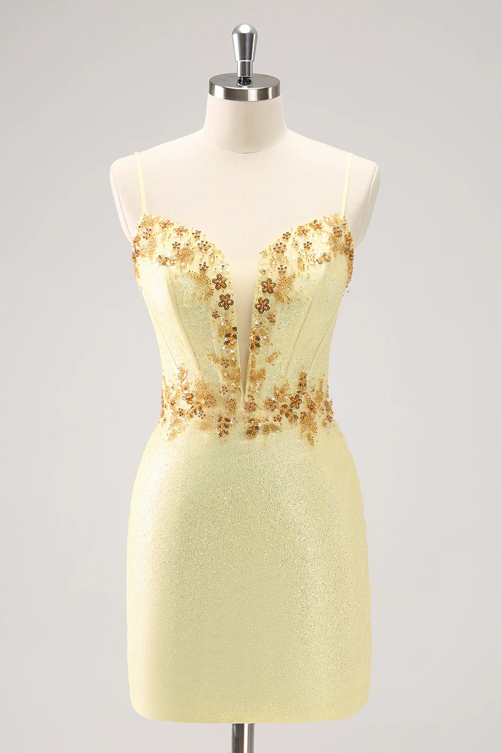 Women's U-Back DressesAmzcw Sparkly Yellow Bodycon Corset Short Homecoming Dress with Beading