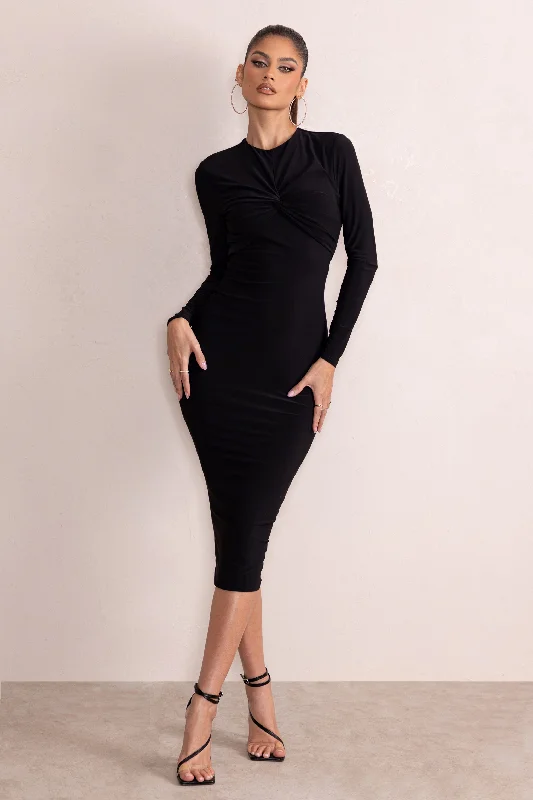 Women's Sweetheart Collar DressesAnna | Black High Neck Twist Front Bodycon Midi Dress With Long Sleeves