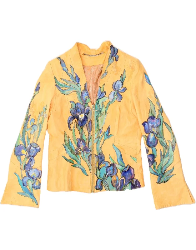 Women's Winter CoatsVINTAGE Womens Leather Jacket UK 10 Small Yellow Floral