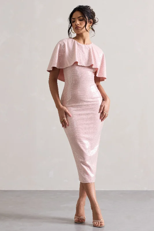 Women's Lapel Collar DressesAmelie | Pastel Pink Sequin Midi Dress With Cape