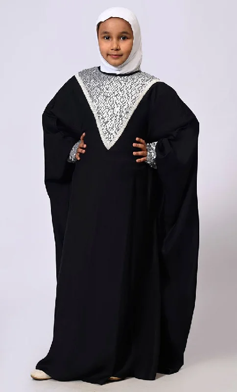 Women's Hooded Sweatshirts with Heavyweight FabricSequin Sparkle: Stylish Girl's Black Rayon Kaftan With Sequin detailings