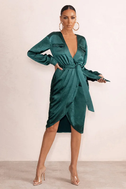 Women's High Collar DressesTrue Romance | Bottle Green Satin Plunge Neck Midi Dress With Belt Detail