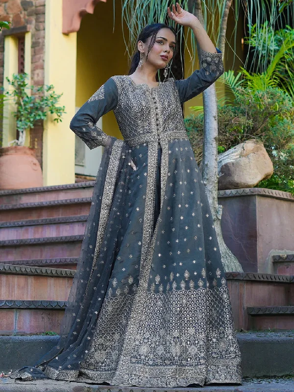 Women's Jumpsuits with Sweetheart CollarLibas Art Grey Embroidered Silk Anarkali Suit Set