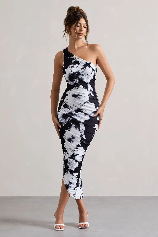 Women's Pleated DressesDorit | Monochrome Floral Print One Shoulder Asymmetric Ruched Midi Dress