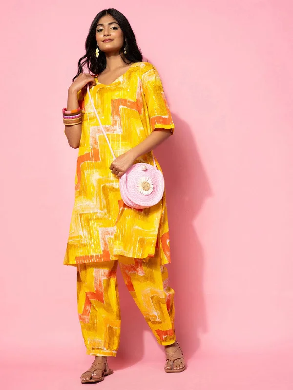 Women's Jumpsuits with Mandarin CollarYellow Printed Cotton Co-Ords