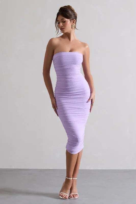 Women's Sweetheart Collar DressesMy Girl | Lilac Strapless Bodycon Ruched Mesh Midi Dress