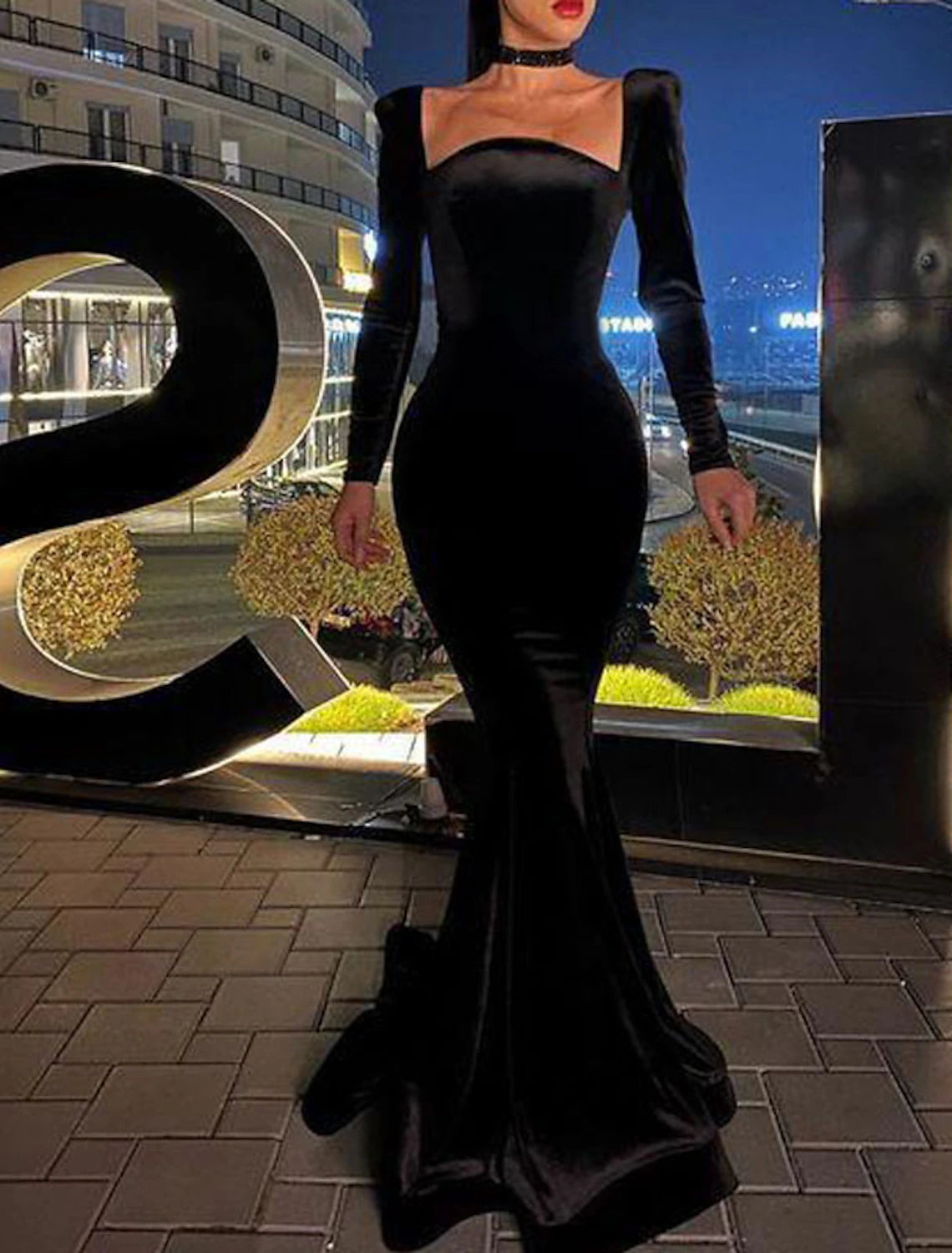 Women's Sleeveless DressesMermaid / Trumpet Sexy bodycon Wedding Guest Formal Evening Dress Square Neck Long Sleeve Floor Length Velvet with Sleek Pure Color