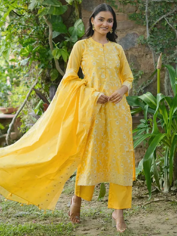 Women's Jumpsuits with U-Shaped CollarLibas Art Yellow Embroidered Chanderi Silk Straight Suit With Dupatta