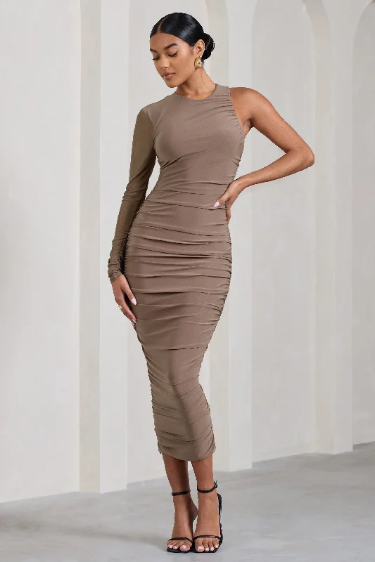 Women's Gathered DressesLuciene | Mocha Ruched Asymmetric Bodycon Midi Dress With Sheer Sleeve