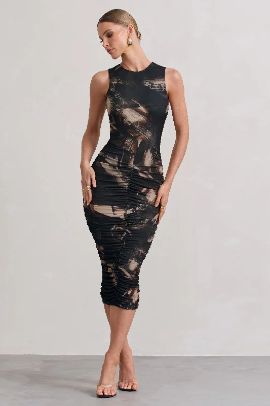 Women's Wrap DressesAntonia | Brown Print Sleeveless Ruched Bodycon Midi Dress