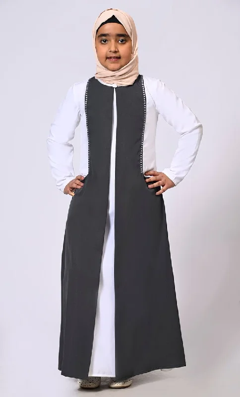 Women's Hooded Sweatshirts with Zipper ClosureDouble Layered Girl's Grey Abaya with Sequined Yoke and Front Pockets