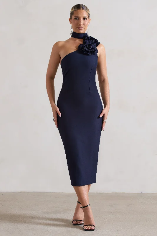 Women's Shawl Collar DressesThe Soiree | Navy Bodycon Midi Dress With Ruffled Choker