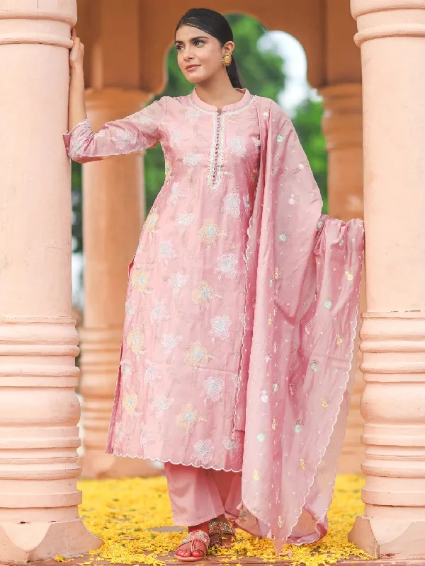 Women's Jumpsuits with Wide LegLibas Art Pink Embroidered Chanderi Silk Straight Suit With Dupatta