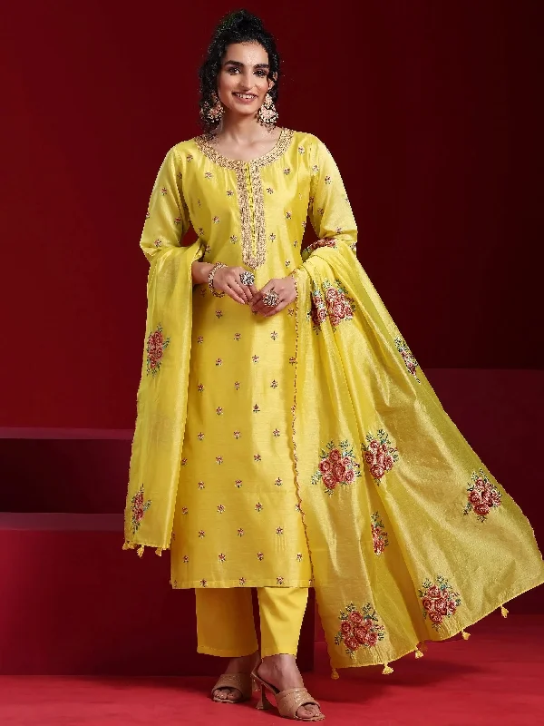 Women's RompersLibas Art Yellow Embroidered Chanderi Silk Straight Suit With Dupatta