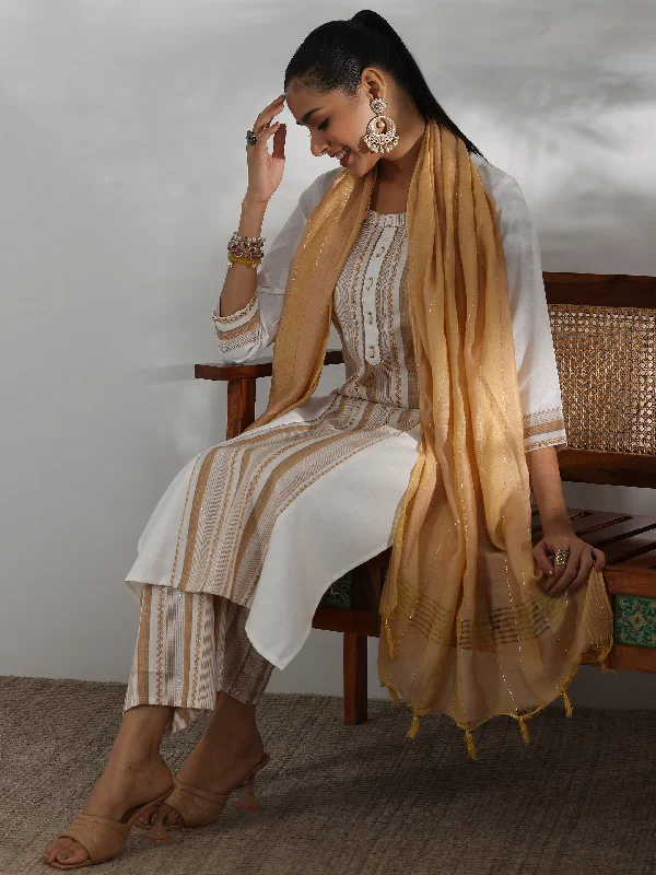 Women's Jumpsuits with Peter Pan CollarOff White Printed Cotton Blend Straight Suit With Dupatta