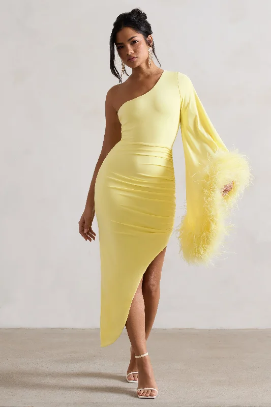 Women's Sweetheart-Neck DressesJuly | Lemon Asymmetric One Shoulder Cape Midi Dress With Feathers