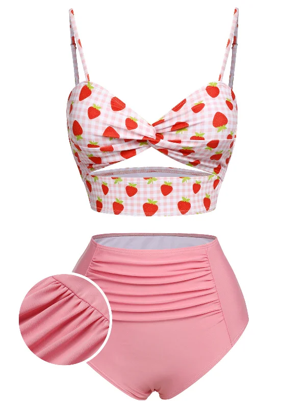 Pink 1960s Strawberry Plaid Halter Swimsuit