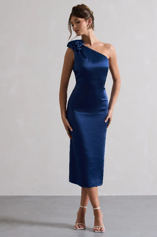 Women's Shawl Collar DressesAscot | Navy Satin One Shoulder Midi Dress With Corsage