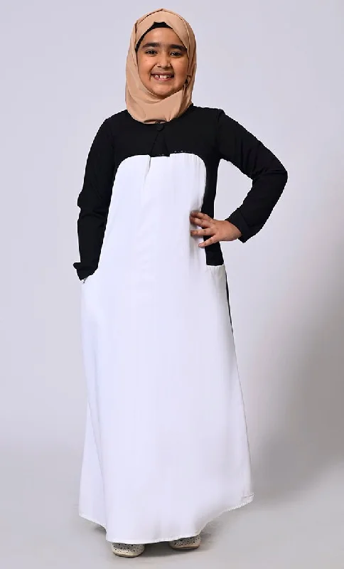 Women's Hooded Sweatshirts with Hidden PocketsGirl's White Abaya with Inverted Box Pleat and Contrasting Yoke Panel