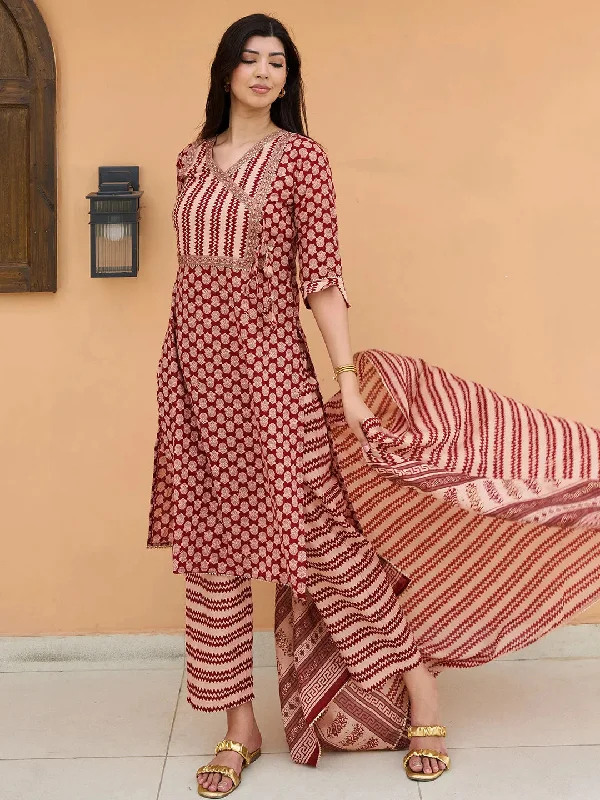 Women's Jumpsuits with DrawstringMaroon Printed Cotton Straight Suit With Dupatta