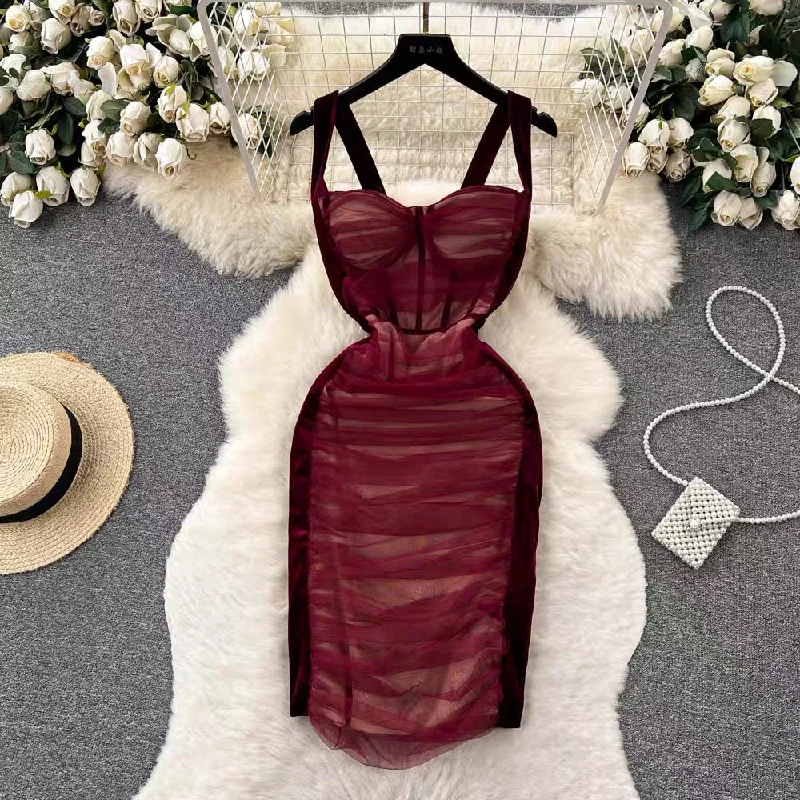 Women's Mini DressesVintage Dress, Pleated Splicing Velvet Top Strap Dress, Slim Bodycon Dress      S4405