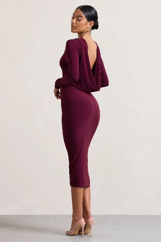 Women's V-Shaped Collar DressesDynasty Darling | Burgundy Cowl-Back Long-Sleeved Bodycon Midi Dress