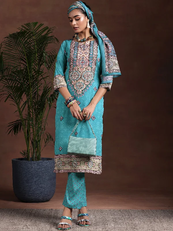 Women's Jumpsuits with PocketsBlue Printed Poly Crepe Straight Suit With Dupatta