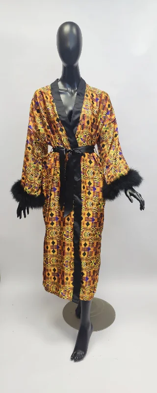 seamless bralette for layeringNefertiti Kente Print Satin Dressing Gown Kimono Robe with Feather Trim Cuffs