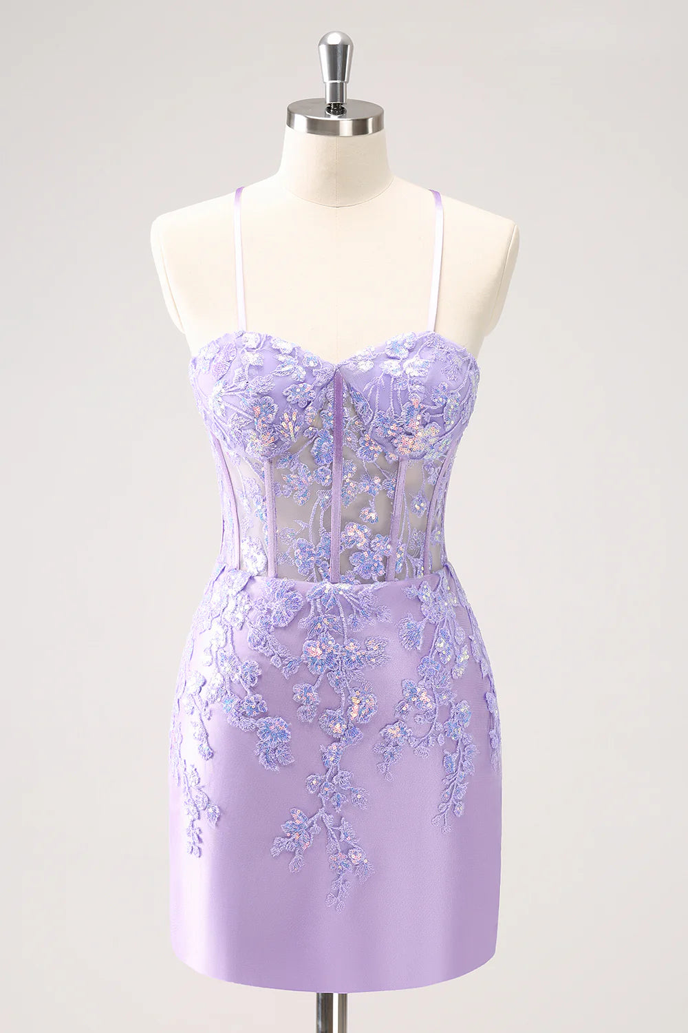 Women's Keyhole-Back DressesAmzcw Sparkly Lilac Bodycon Spaghetti Straps Sequin Corset Homecoming Dress with Appliques