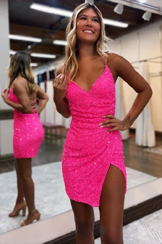 Women's U-Back DressesHot Pink Pleated Sequined Bodycon Hoco Dress     S2600