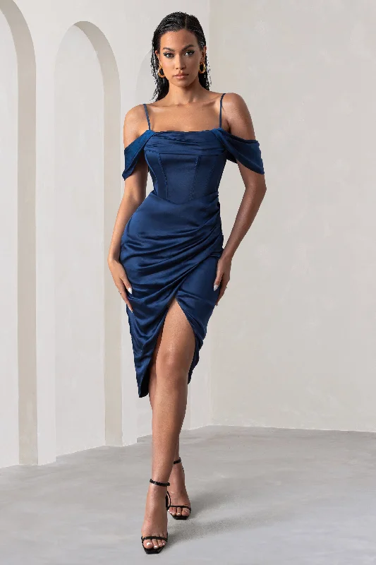 Women's High-Low DressesDeserving | Navy Satin Bardot Sleeve Corset Wrap Midi Dress