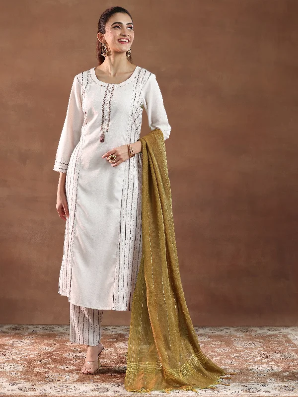 Women's Jumpsuits with Boat CollarOff White Printed Cotton Blend Straight Suit With Dupatta