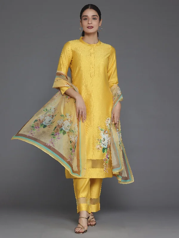 Women's Jumpsuits with Mandarin CollarMustard Self Design Silk Blend Straight Suit With Dupatta