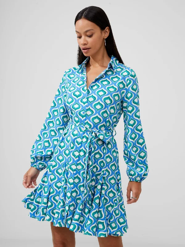 Women's Shawl Collar DressesRetro Print Belted Shirt Mini Dress