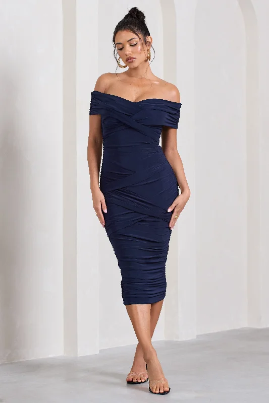 Women's Narrow-Neck DressesAmanda | Navy Twisted Wrap Bardot Midi Dress