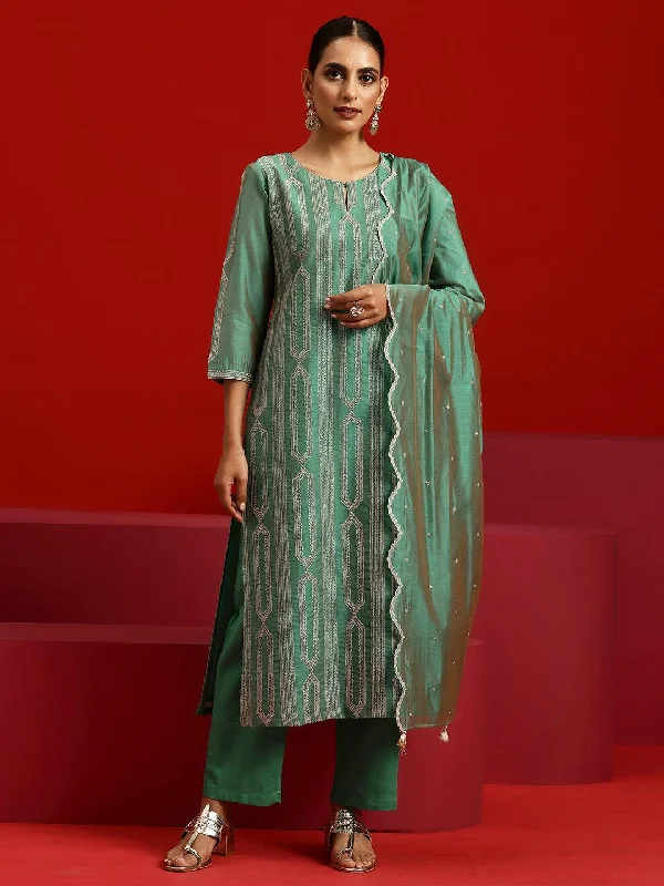 Women's Jumpsuits with Rounded HemLibas Art Green Embroidered Chanderi Silk Straight Suit With Dupatta