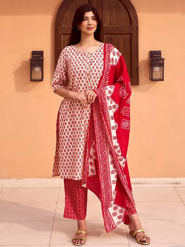 Women's Jumpsuits with Mid-LengthBeige Printed Silk Blend Straight Suit With Dupatta