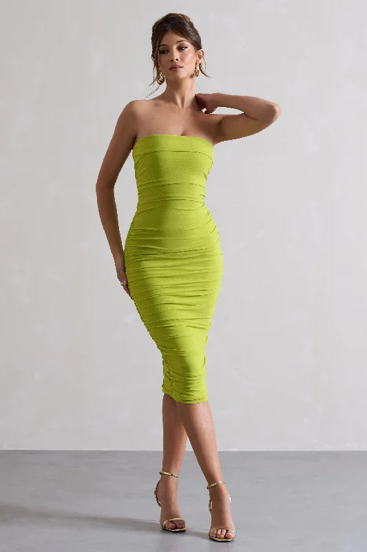 Women's Mandarin-Neck DressesMy Girl | Green Strapless Bodycon Ruched Mesh Midi Dress