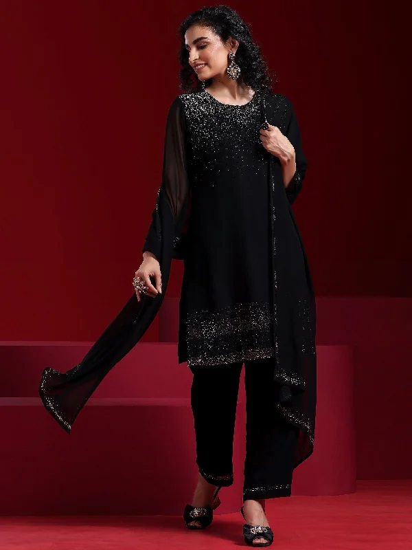 Women's Jumpsuits with Narrow CollarLibas Art Black Solid Georgette Straight Suit With Dupatta