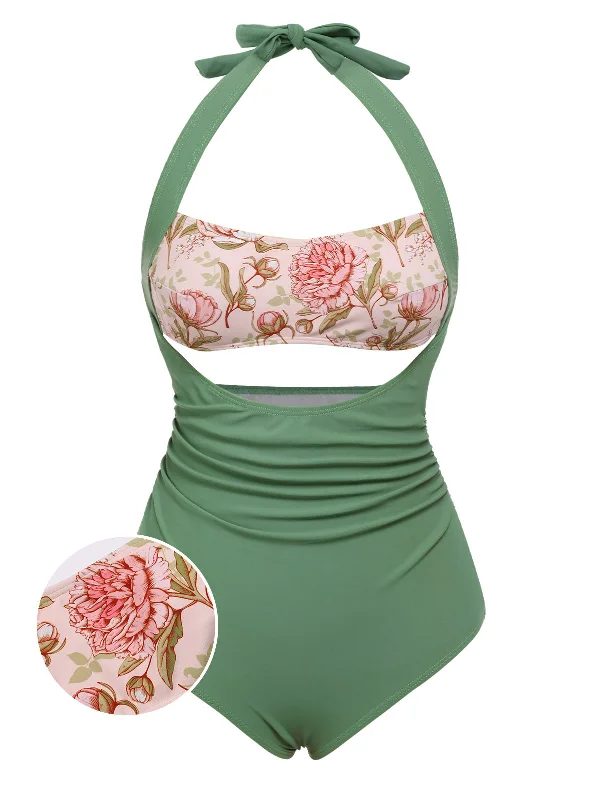 Green 1930s Peony Halter One-Piece Swimsuit